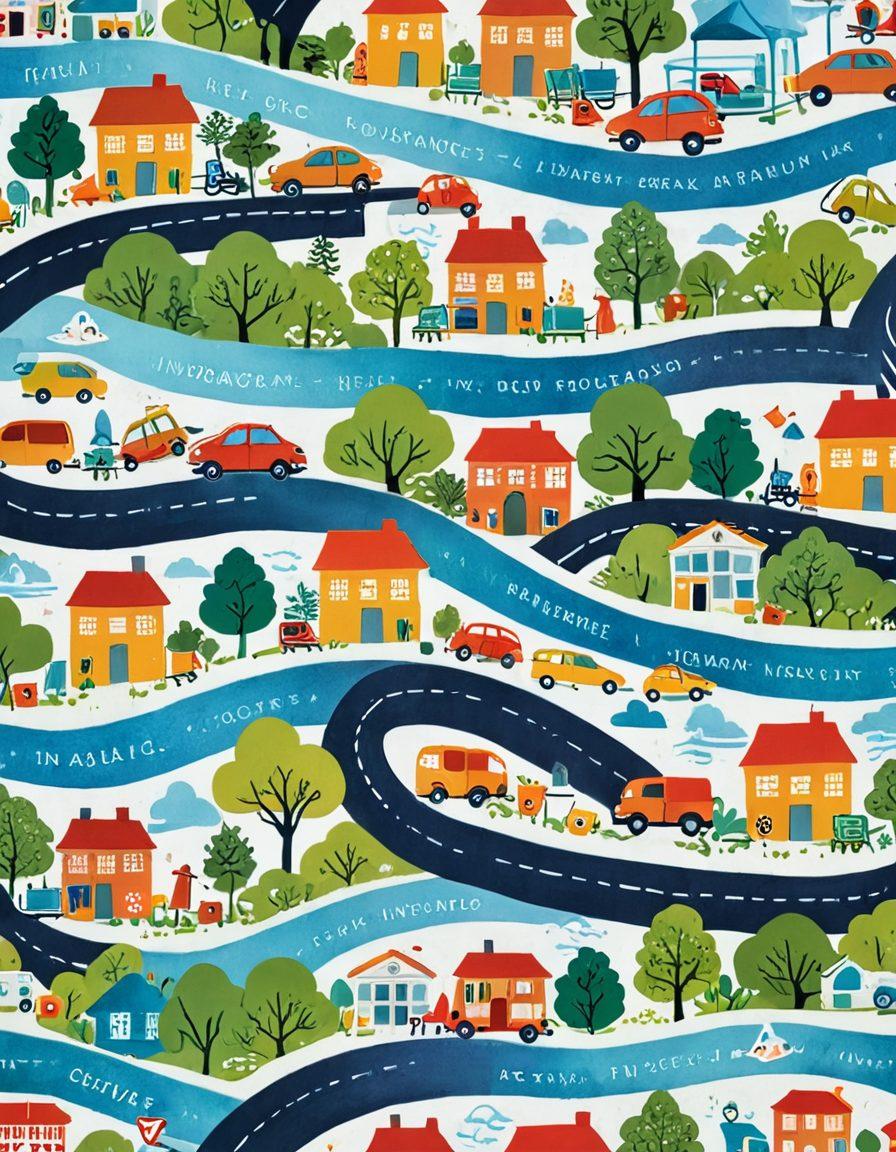 A visually captivating collage illustrating a journey through the world of insurance; featuring vibrant books stacked on one side with insurance icons like shields, homes, and health symbols emerging from them. The background showcases a winding road symbolizing navigation, leading to a serene landscape with people engaging in various activities protected by insurance. Include warm, inviting colors to evoke trust and security. super-realistic. vibrant colors. white background.