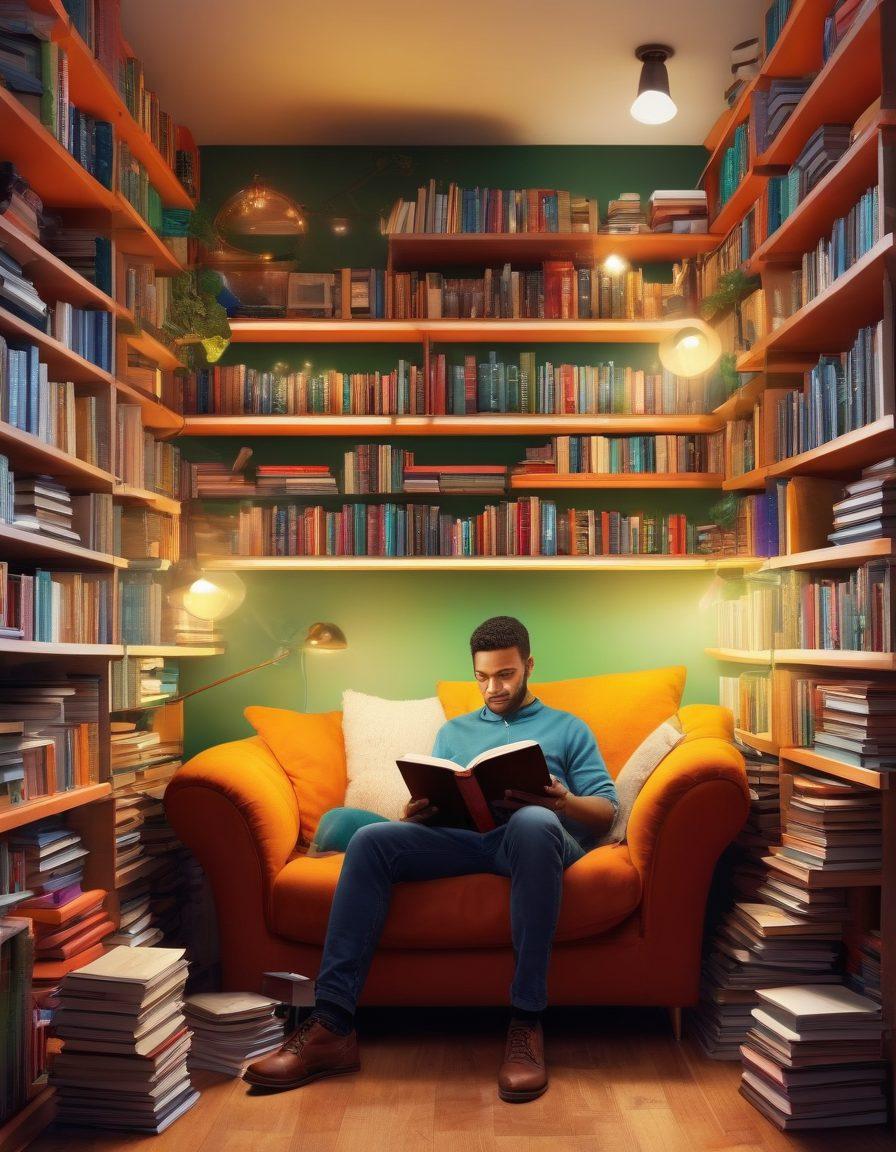 A conceptual image of a person surrounded by books, with floating icons representing various types of insurance like health, auto, and home. The individual is thoughtfully reading a book titled 'Financial Literacy.' The background features a bookshelf filled with educational materials and a glowing light bulb symbolizing ideas. The scene should convey a warm and inviting atmosphere. vibrant colors. super-realistic.