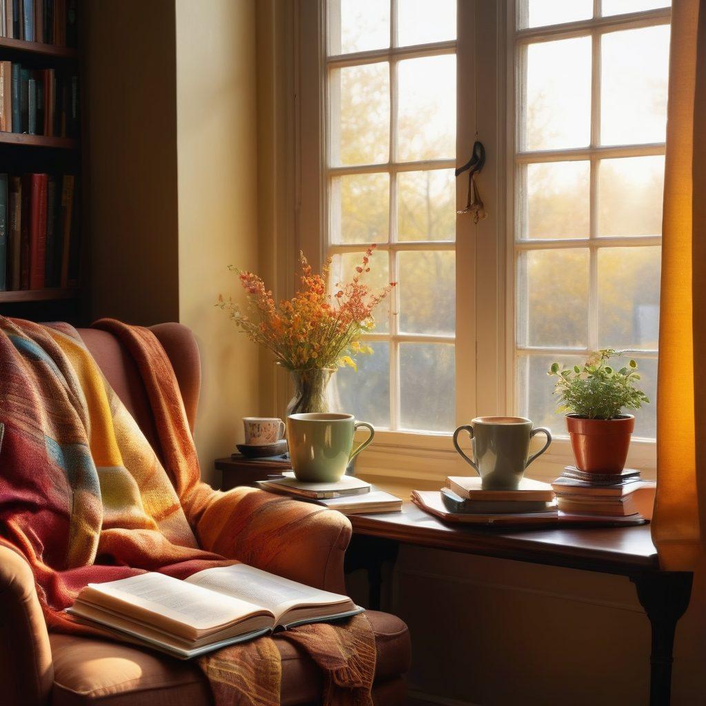 An inviting reading nook featuring an open book with insurance-related imagery spilling from its pages, surrounded by colorful stacks of books and resources. A cozy armchair and a steaming cup of coffee to create a warm, inviting atmosphere. Sunlight streaming in through a nearby window casting a soft glow. Thoughtful quotes about learning and saving artistically integrated into the background. vibrant colors. super-realistic.